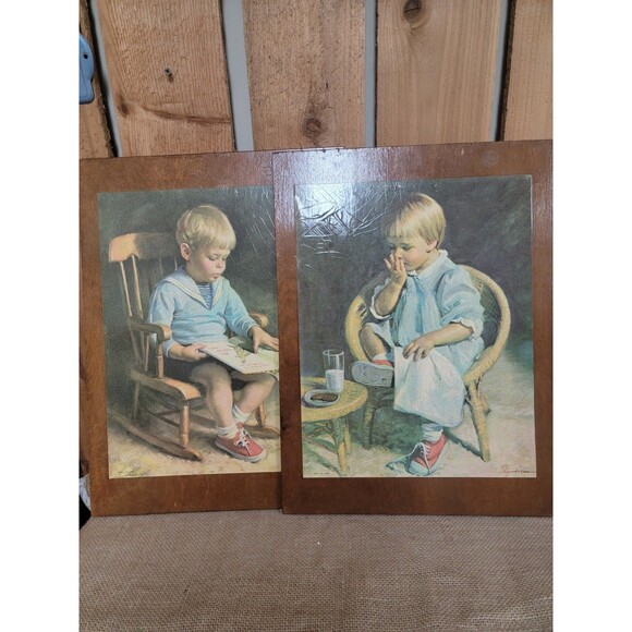 Vintage Pair Wood Mounted Prints Gary & Gretchen by J. Ingwersen Boy Girl Blue - Picture 1 of 5